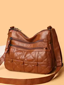 女士手提袋新款女包雙層多袋口大容量肩袋潮流復古扣環萬用時尚斜挎小袋pu皮手提包