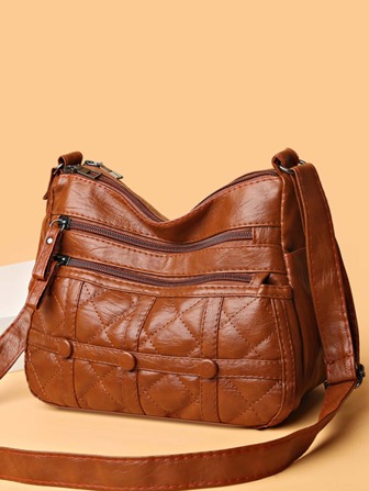 女士手提袋新款女包雙層多袋口大容量肩袋潮流復古扣環萬用時尚斜挎小袋pu皮手提包