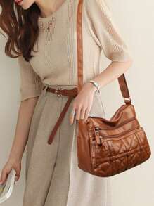 女士手提袋新款女包雙層多袋口大容量肩袋潮流復古扣環萬用時尚斜挎小袋pu皮手提包