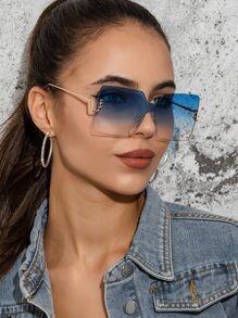 1 pieza Gafas de moda de lujo elegantes retro con decoración de cristales de ríndones degradados cuadrados de metal grandes para mujeres, para exteriores, calle, fiestas, viajes - Azul - Ver 1