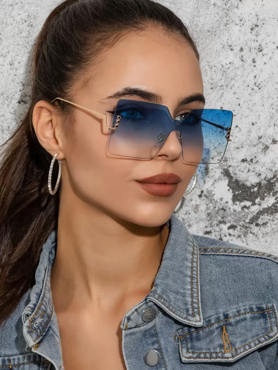 1 pieza Gafas de moda de lujo elegantes retro con decoración de cristales de ríndones degradados cuadrados de metal grandes para mujeres, para exteriores, calle, fiestas, viajes - Azul - Ver 1
