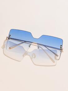1 pieza Gafas de moda de lujo elegantes retro con decoración de cristales de ríndones degradados cuadrados de metal grandes para mujeres, para exteriores, calle, fiestas, viajes - Azul - Ver 3