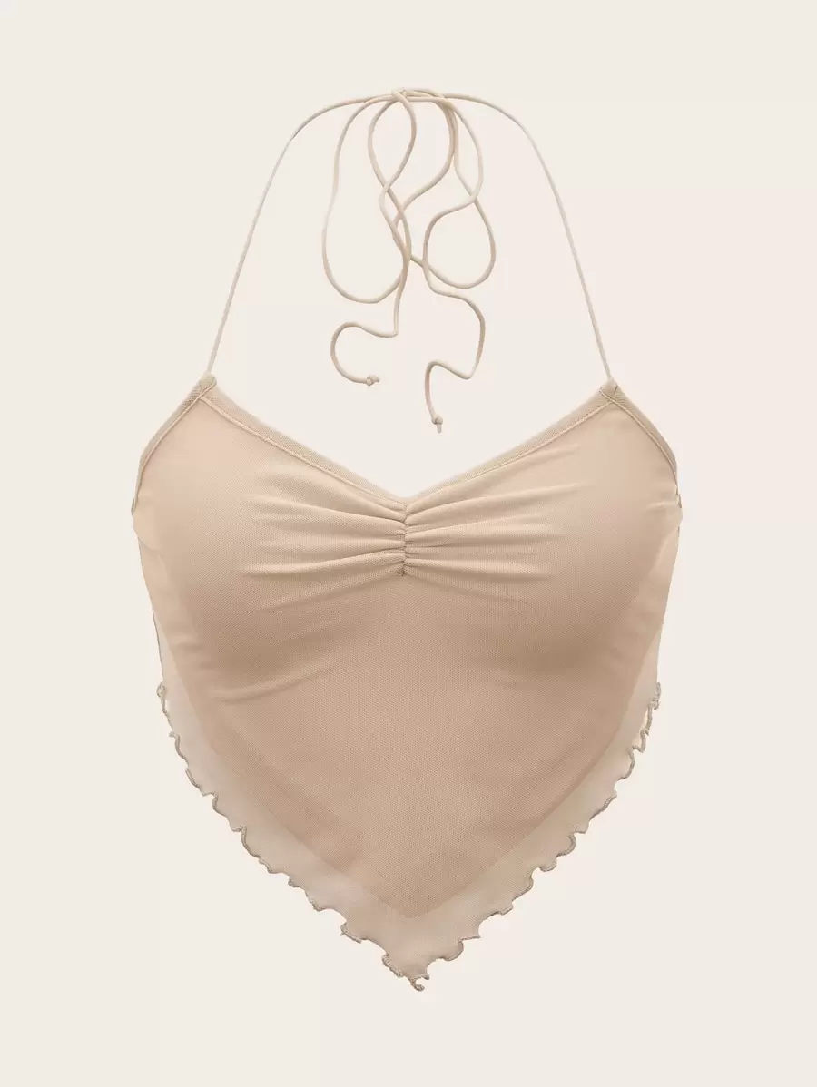 SHEIN ICON 褶邊後背繫帶手帕下擺網紗掛脖上衣 - 杏色 - 查看 1