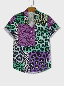 ROMWE MEN Street Life Áo sơ mi nam họa tiết da báo Color-Block Y2k, trường học - Nhiều màu - Xem 1