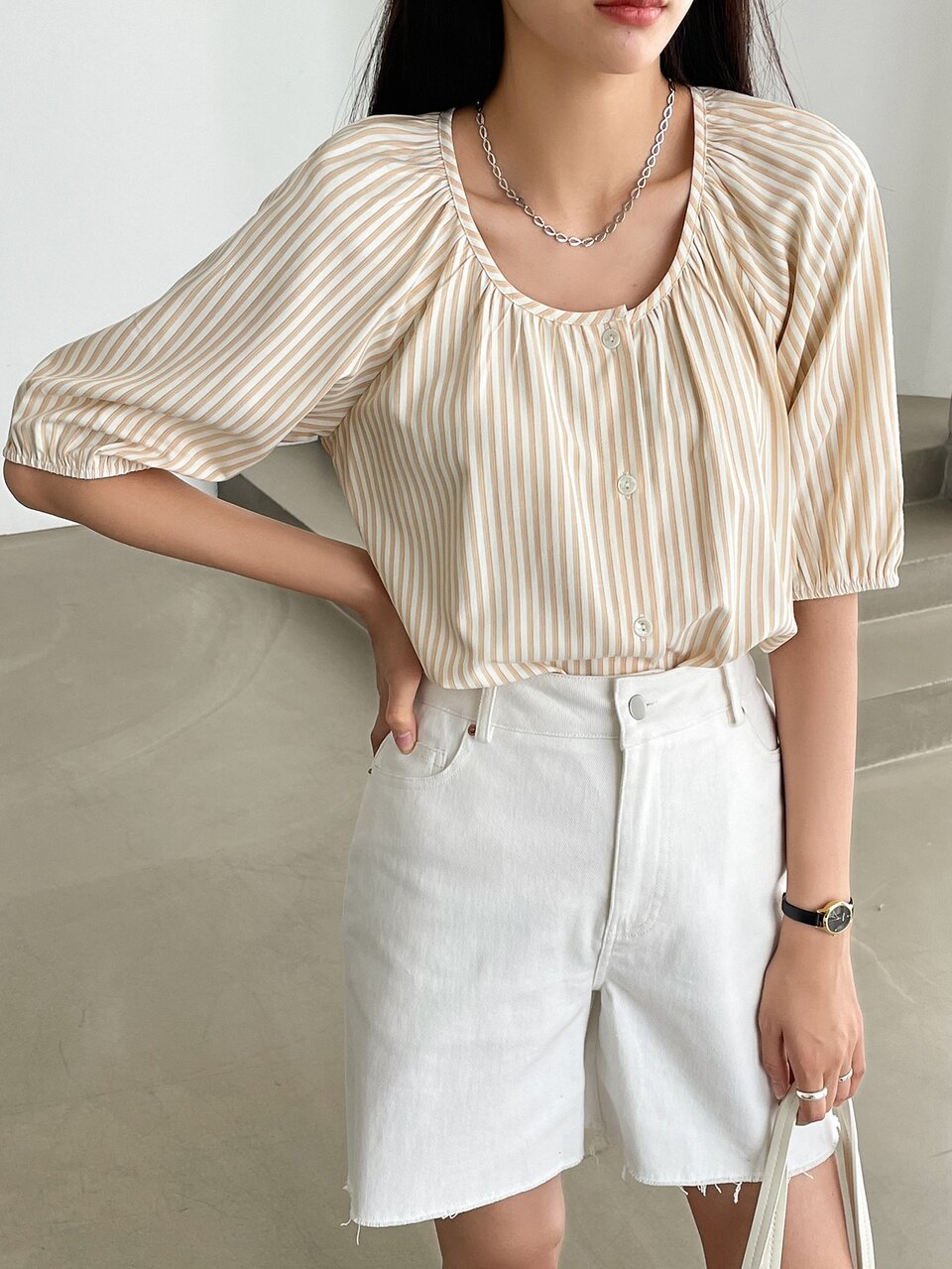 Striped Print Puff Sleeve Blouse