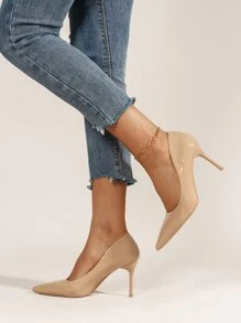 Women Beige Stiletto Heeled Pumps, Elegant Point Toe Court Pumps - Apricot - View 5