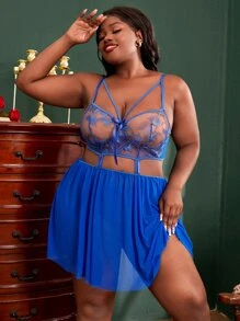 Plus Floral Embroidered Mesh Bow Cut Out Slips With Panty - Royal Blue - View 3