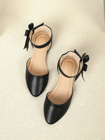 Tjejer Svart Platta Skor Med Knytrosett & Vristband Dekoration