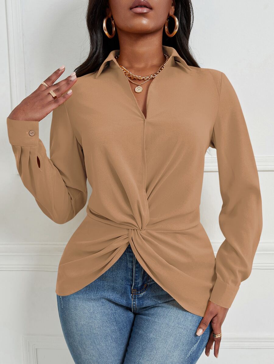 SHEIN SXY 前扭結不對稱下擺襯衫 - 駝色 - 查看 1