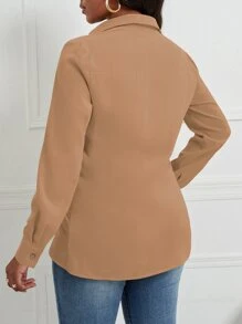 SHEIN SXY 前扭結不對稱下擺襯衫 - 駝色 - 查看 2