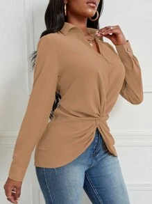 SHEIN SXY 前扭結不對稱下擺襯衫 - 駝色 - 查看 4