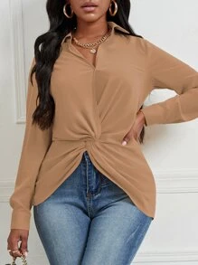 SHEIN SXY 前扭結不對稱下擺襯衫 - 駝色 - 查看 5