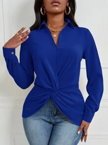 SHEIN Lady 前扭結不對稱下擺襯衫 - 寶藍色 - 查看 1