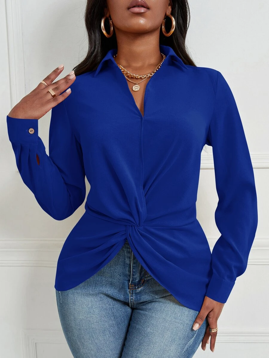 SHEIN Lady 前扭結不對稱下擺襯衫 - 寶藍色 - 查看 1