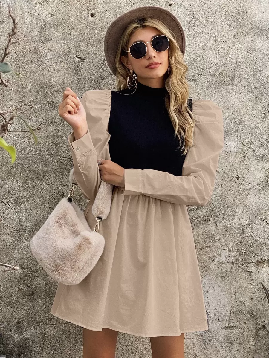 SHEIN LUNE Mock Neck Gigot Sleeve Colourblock Dress - Apricot - View 1