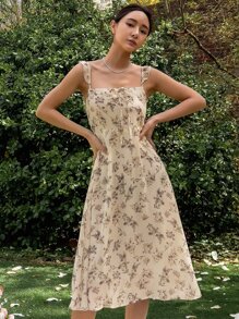 DAZY 滿版印花前繫帶打褶荷葉邊連衣裙 - 米色 - 查看 1