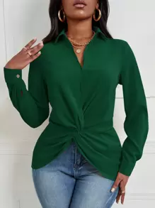 SHEIN SXY Women Blouses Memutar Plain Casual - Hijau - View 1