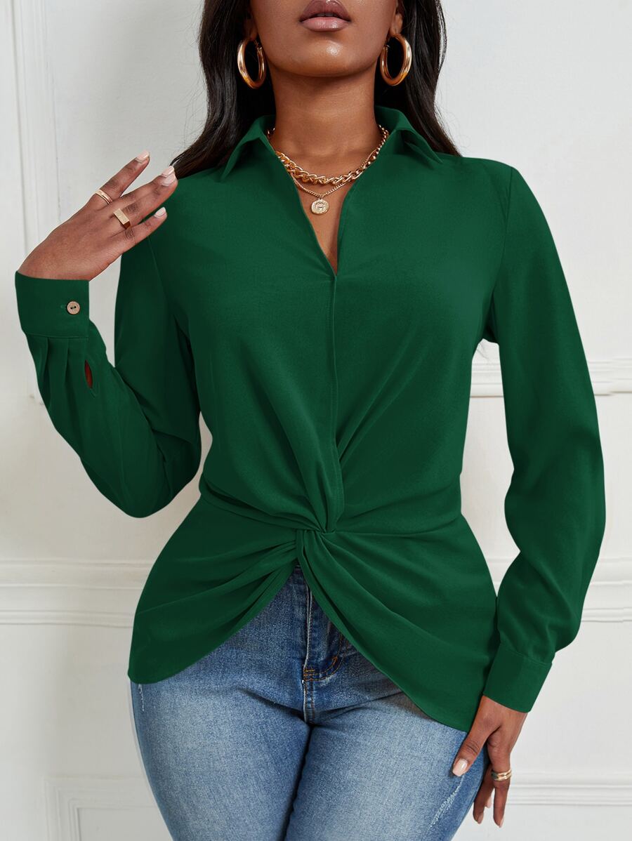 SHEIN SXY Women Blouses Memutar Plain Casual - Hijau - View 1