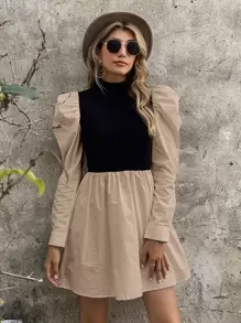 SHEIN LUNE Mock Neck Gigot Sleeve Colourblock Dress - Apricot - View 4