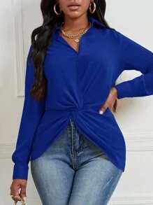 SHEIN Lady 前扭結不對稱下擺襯衫 - 寶藍色 - 查看 5