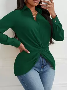SHEIN SXY Women Blouses Memutar Plain Casual - Hijau - View 4