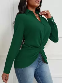 SHEIN SXY Women Blouses Memutar Plain Casual - Hijau - View 5