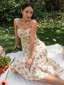 DAZY 滿版印花前繫帶打褶荷葉邊連衣裙 - 米色 - 查看 9