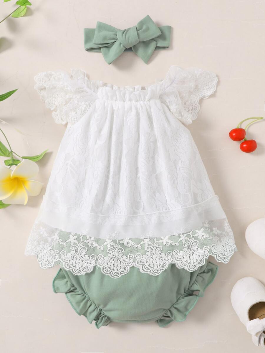 Souflis Souflis 嬰兒女孩對比花邊上衣＆荷葉邊短褲＆頭箍 - 彩色 - 查看 1