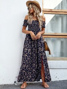 SHEIN LUNE 一字肩小碎花高開叉連衣裙 - 彩色 - 查看 4