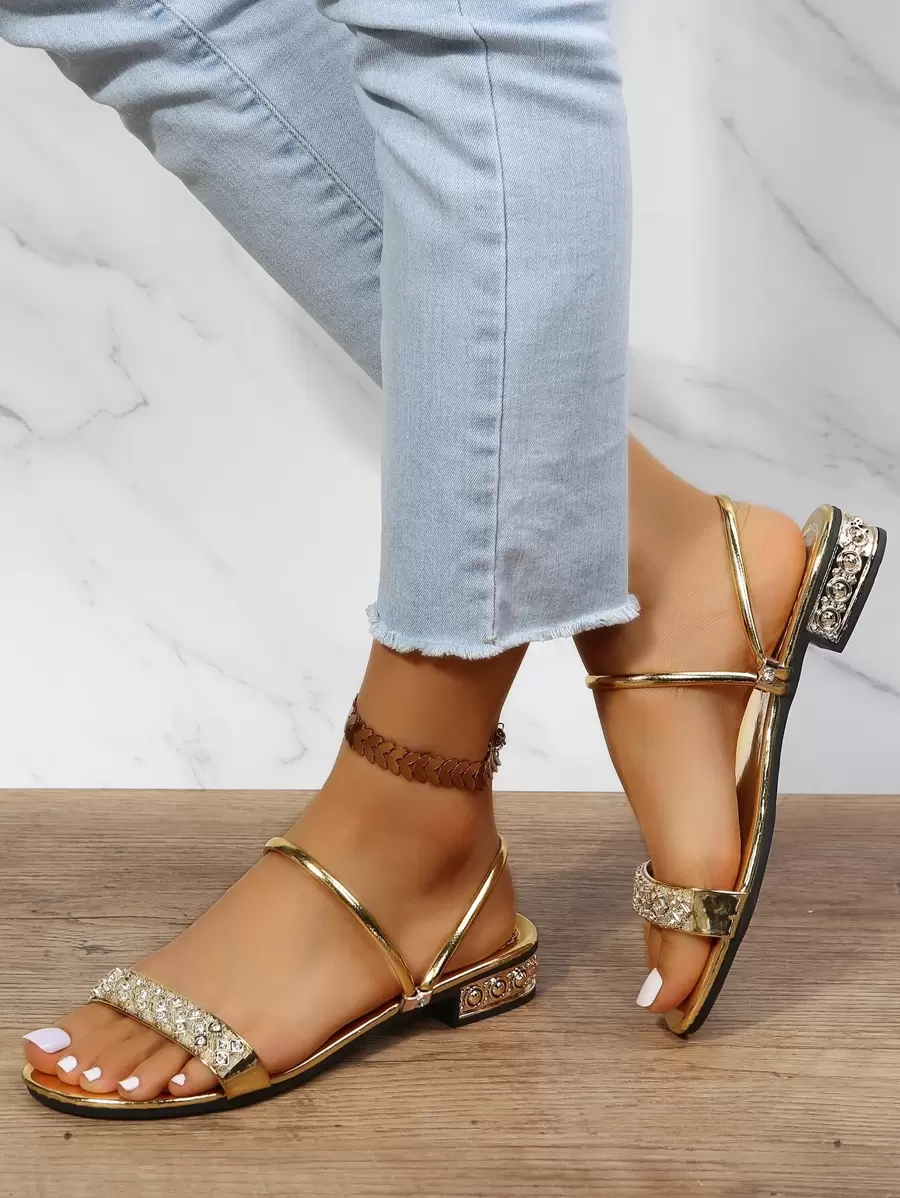 女士水鑽裝飾多用途穿戴露跟魅力四射部分踝帶平底涼鞋 - 金色 - 查看 1