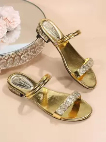 女士水鑽裝飾多用途穿戴露跟魅力四射部分踝帶平底涼鞋 - 金色 - 查看 3