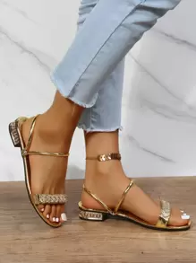 女士水鑽裝飾多用途穿戴露跟魅力四射部分踝帶平底涼鞋 - 金色 - 查看 4