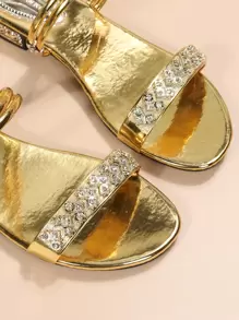 女士水鑽裝飾多用途穿戴露跟魅力四射部分踝帶平底涼鞋 - 金色 - 查看 6