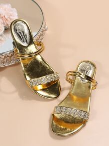 女士水鑽裝飾多用途穿戴露跟魅力四射部分踝帶平底涼鞋 - 金色 - 查看 7