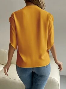 SHEIN Clasi Áo sơ mi nữ Tương phản ren màu trơn Giải trí - Màu Mù tạt vàng - Xem 2