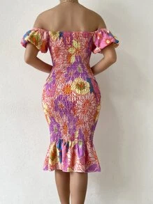 SHEIN Holidaya Floral Print Off Shoulder Shirred Puff Hem Dress - Mauve Purple - View 2