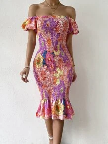 SHEIN Holidaya Floral Print Off Shoulder Shirred Puff Hem Dress - Mauve Purple - View 3