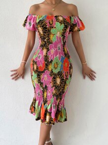 Floral Print Off Shoulder Shirred Puff Hem Dress - Multicolor - View 1