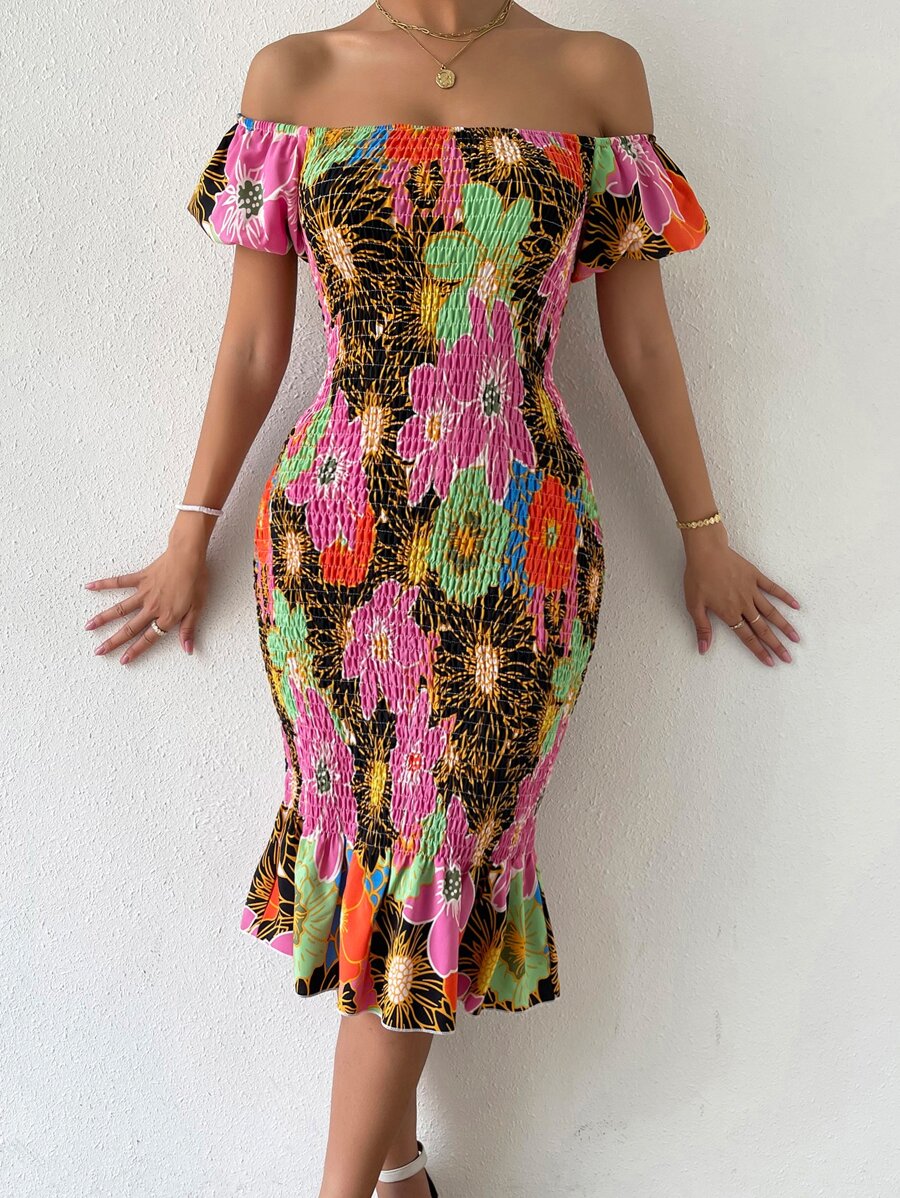 Floral Print Off Shoulder Shirred Puff Hem Dress - Multicolor - View 1