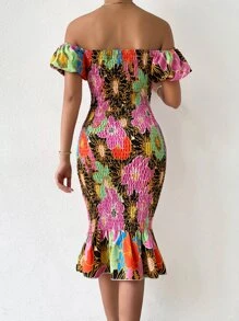 Floral Print Off Shoulder Shirred Puff Hem Dress - Multicolor - View 2