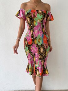 Floral Print Off Shoulder Shirred Puff Hem Dress - Multicolor - View 3