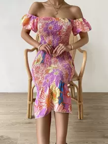 SHEIN Holidaya Floral Print Off Shoulder Shirred Puff Hem Dress - Mauve Purple - View 6