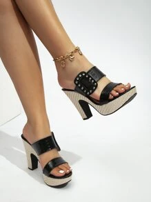 鱷魚壓紋鉚釘裝飾防水台穆勒涼鞋,黑色朋克風格鉚釘鉚釘鱷魚紋女士高跟涼鞋帶防水台 - 黑色 - 查看 3