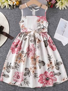 SHEIN Tween Girl Floral Print Mesh Panel Belted Dress - Multicolor - View 1