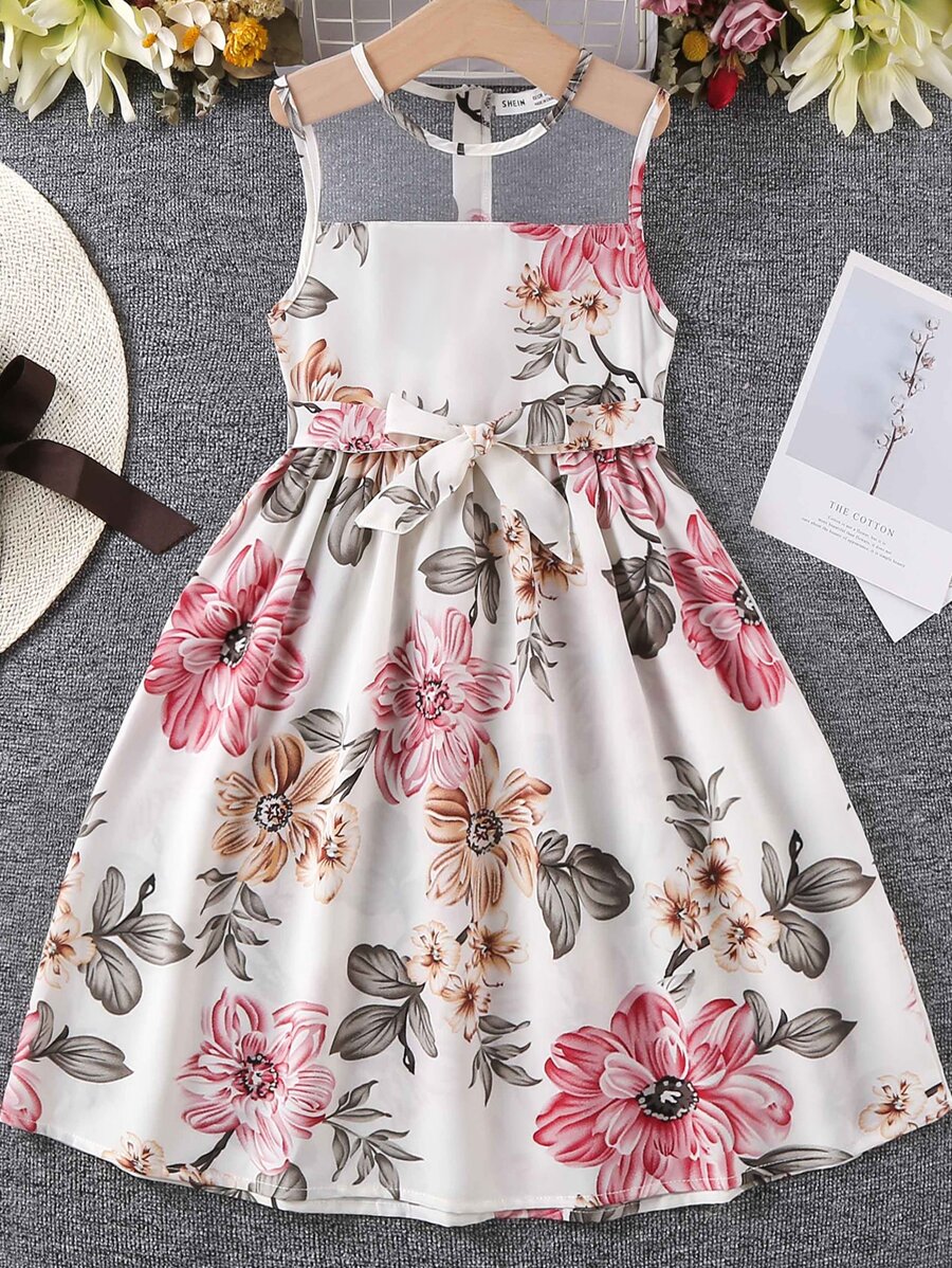 SHEIN Tween Girl Floral Print Mesh Panel Belted Dress - Multicolor - View 1