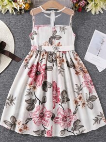 SHEIN Tween Girl Floral Print Mesh Panel Belted Dress - Multicolor - View 2