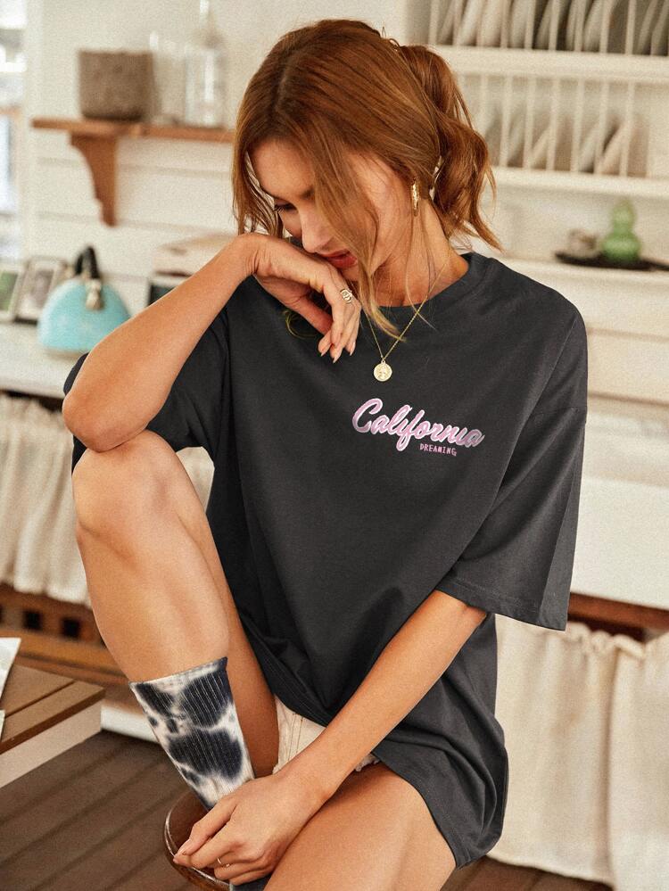 Letter And Tropical Print Oversized Tee Graphic Tees Women Tops, Unisex