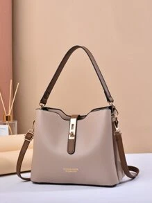 Bolso tipo cubo con decoración de hebilla multicapa de moda para mujer, 1 pieza de bolso de hombro de piel sintética de colores contrastantes con múltiples bolsillos, adecuado para chicas, mujeres, recién llegados al mundo laboral y trabajadores de oficina, perfecto para el trabajo, los negocios, el ir y venir, ideas de regalos perfectas para el Día de la Madre, regalos del Día de la Madre, regalos para mamá, artículos esenciales de mamá, bolso de mamá para salir - Caqui - Ver 2