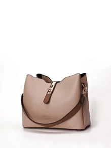Bolso tipo cubo con decoración de hebilla multicapa de moda para mujer, 1 pieza de bolso de hombro de piel sintética de colores contrastantes con múltiples bolsillos, adecuado para chicas, mujeres, recién llegados al mundo laboral y trabajadores de oficina, perfecto para el trabajo, los negocios, el ir y venir, ideas de regalos perfectas para el Día de la Madre, regalos del Día de la Madre, regalos para mamá, artículos esenciales de mamá, bolso de mamá para salir - Caqui - Ver 4