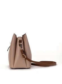 Bolso tipo cubo con decoración de hebilla multicapa de moda para mujer, 1 pieza de bolso de hombro de piel sintética de colores contrastantes con múltiples bolsillos, adecuado para chicas, mujeres, recién llegados al mundo laboral y trabajadores de oficina, perfecto para el trabajo, los negocios, el ir y venir, ideas de regalos perfectas para el Día de la Madre, regalos del Día de la Madre, regalos para mamá, artículos esenciales de mamá, bolso de mamá para salir - Caqui - Ver 5